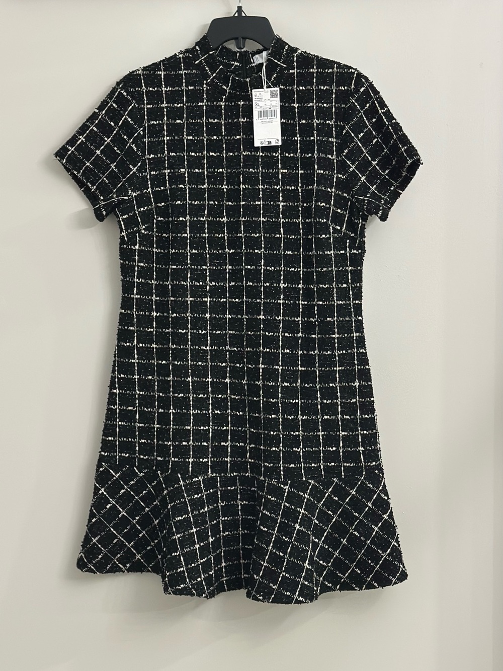 MANGO Black White Tweed Mini Dress XL NWT Short Sleeve A-Line